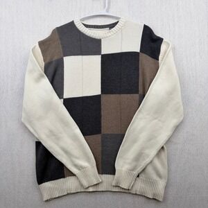 Mens Colorblock Patchwork Crewneck Sweater Neutral Brown Cream Charcoal Large